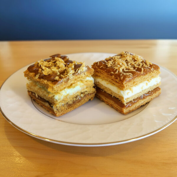 Millefeuille pastry topped with dulce de leche cream and filled with vanilla cream